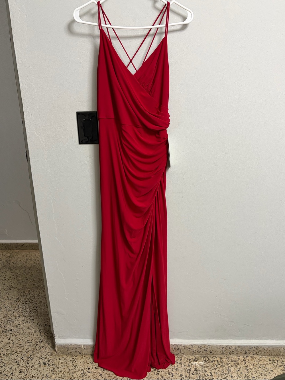 Adrianna Papell Red Draped Maxi Dress with Crisscross Straps